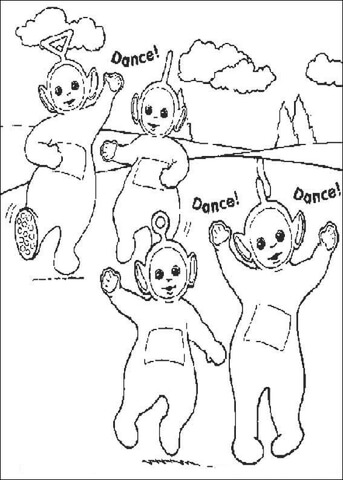 Tinky Winky, Dipsy, Laa Laa And Po Are Dancing Together  Coloring Page